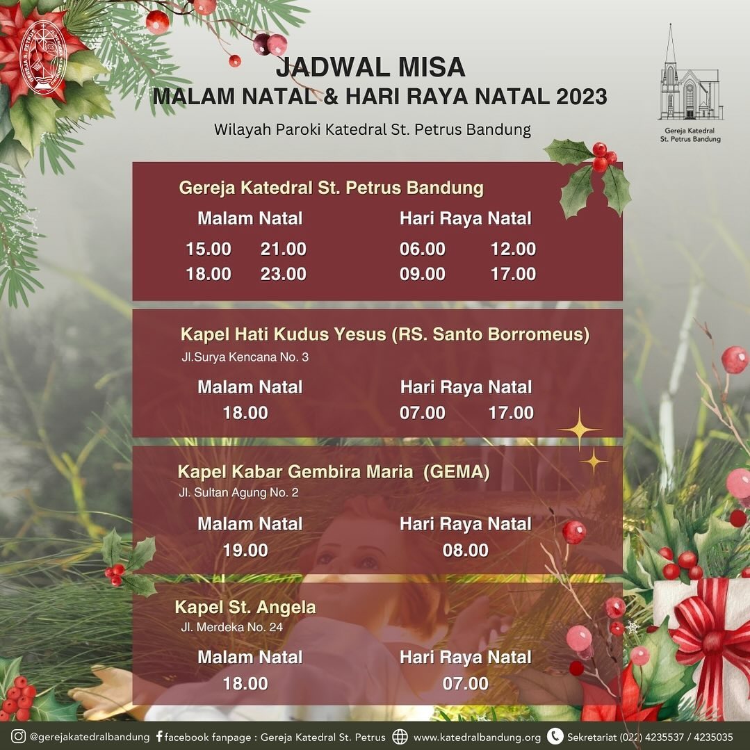 Jadwal Misa Malam Natal dan Hari Raya Natal 2023 di wilayah Paroki Katedral St. Petrus Bandung